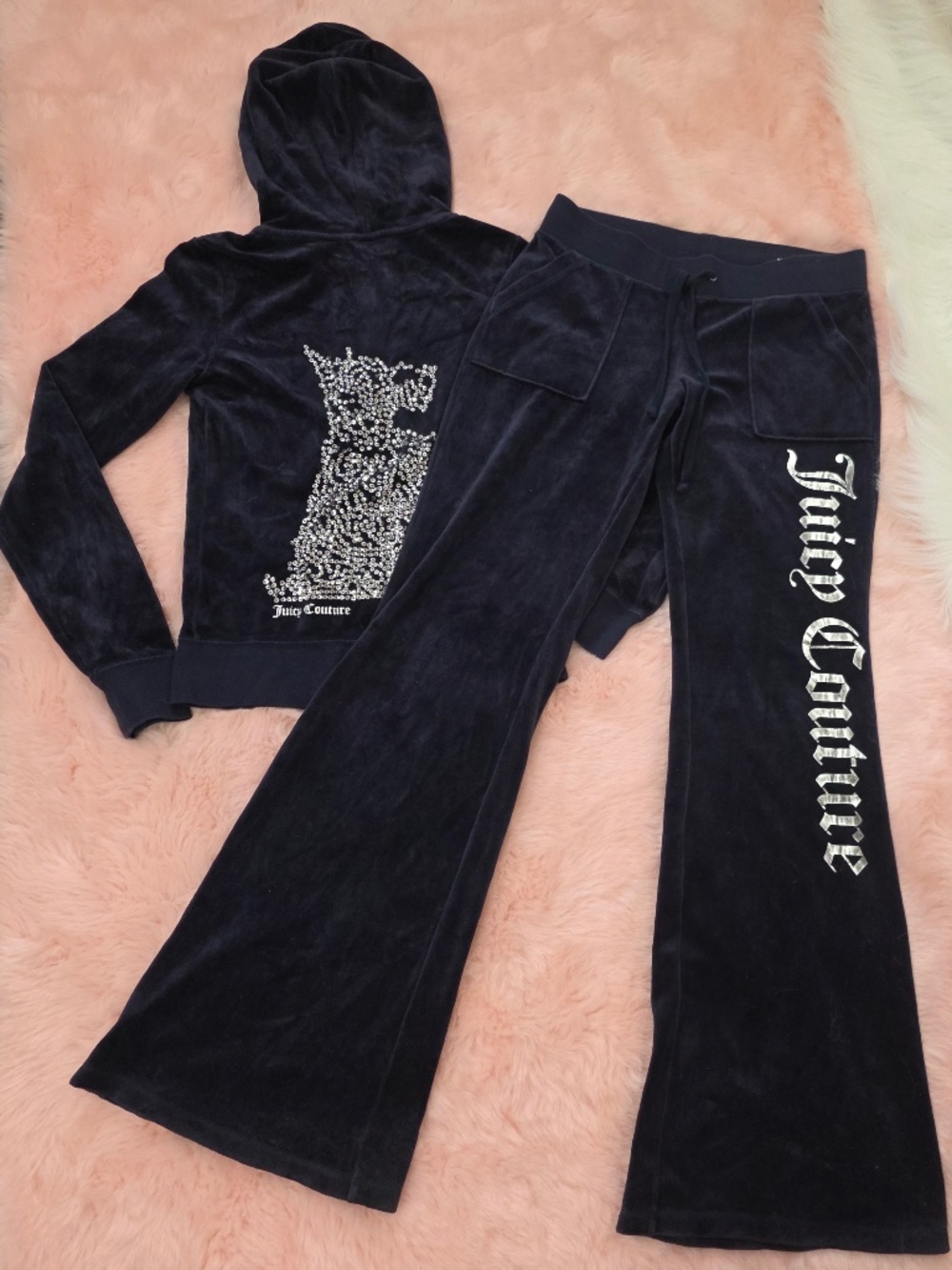 Juicy Couture TrackSuit Matching Set Navy Small Jacket Pants Pockets Bling Y2k